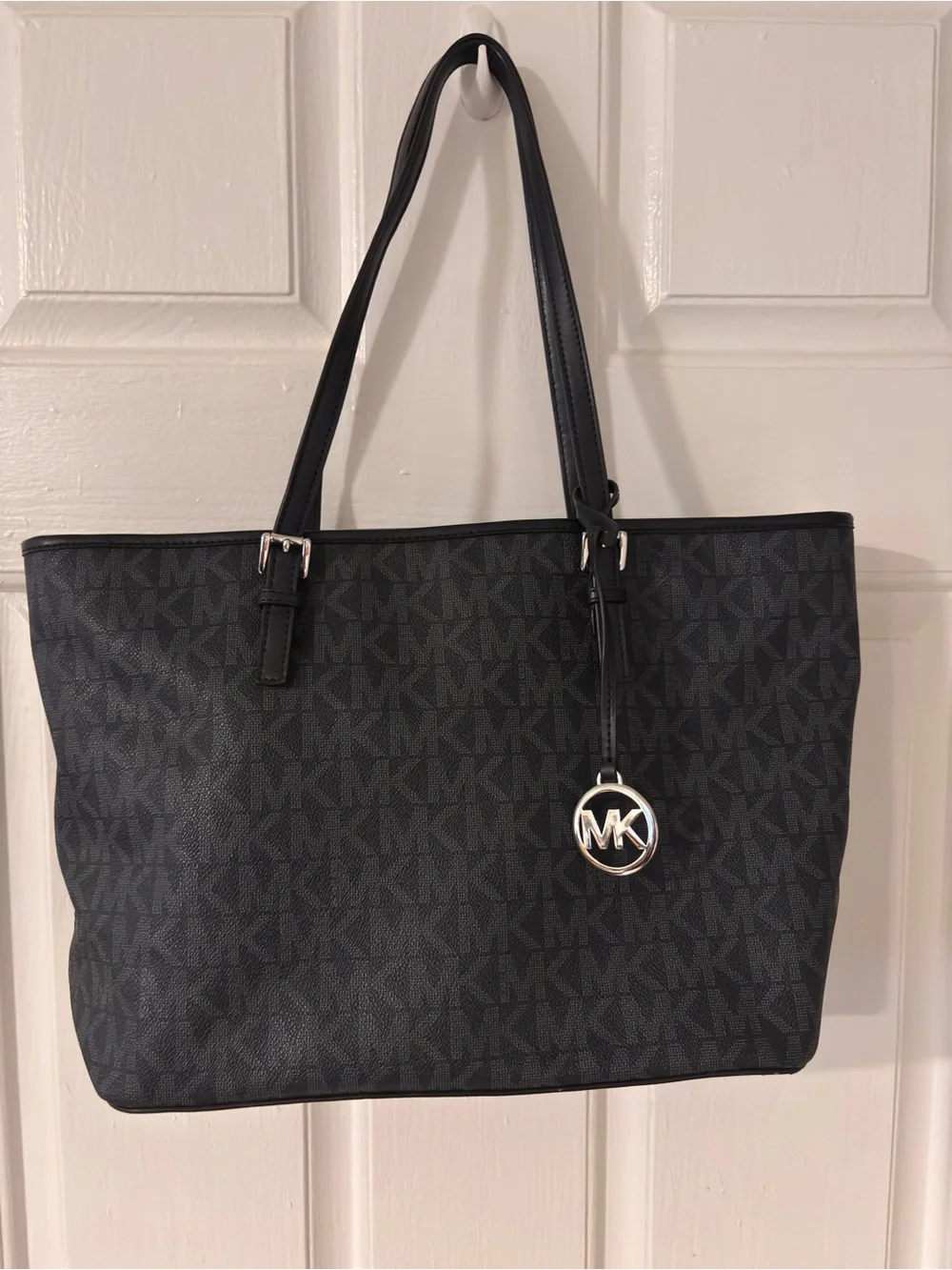 Michael Kors Black MK Monogram Tote with Silver Accent Charm